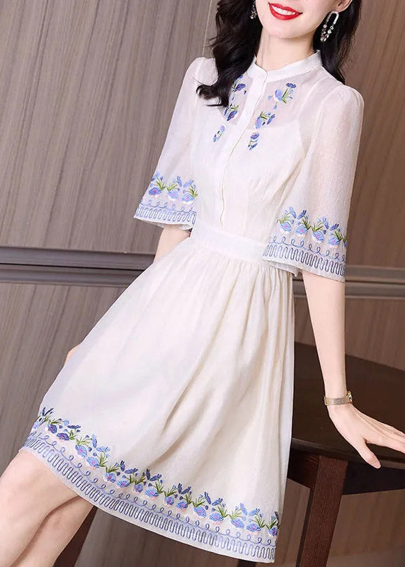 Handmade Apricot Stand Collar Embroideried Floral Slim Mid Dress Short Sleeve TI1005