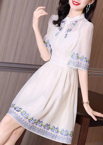 Handmade Apricot Stand Collar Embroideried Floral Slim Mid Dress Short Sleeve TI1005