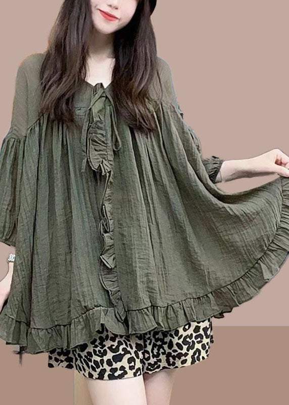 Handmade Army Green Oversized Patchwork Ruffled Linen Shirt Top Spring FR2007