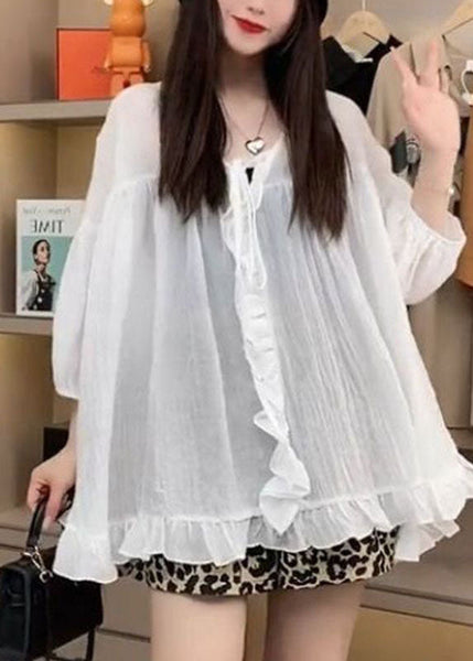 Handmade Army Green Oversized Patchwork Ruffled Linen Shirt Top Spring FR2007