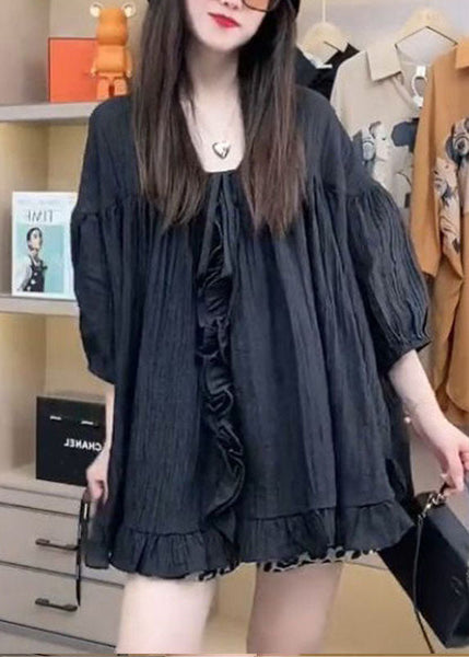 Handmade Army Green Oversized Patchwork Ruffled Linen Shirt Top Spring FR2007