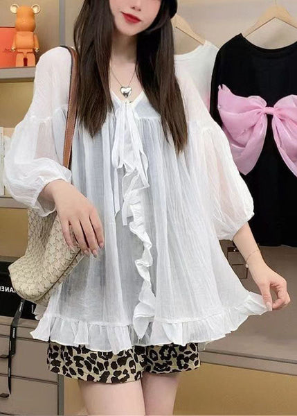 Handmade Army Green Oversized Patchwork Ruffled Linen Shirt Top Spring FR2007