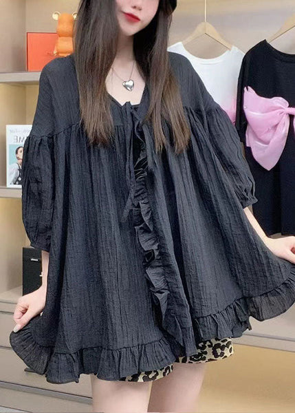 Handmade Army Green Oversized Patchwork Ruffled Linen Shirt Top Spring FR2007