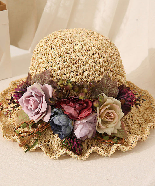 Handmade Beige Ruffled Straw Woven Floral Holiday Bucket Hat LY548