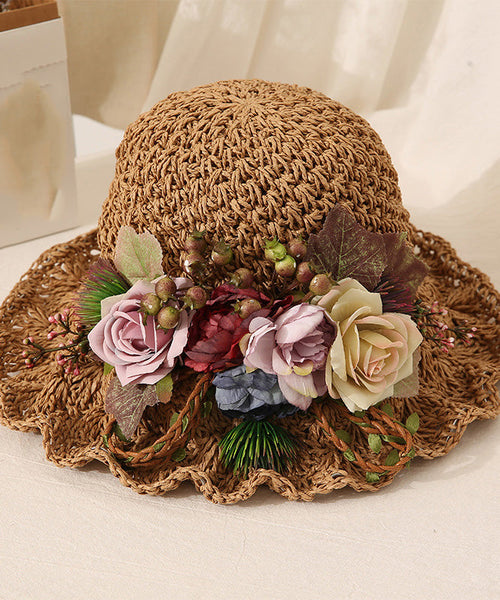 Handmade Beige Ruffled Straw Woven Floral Holiday Bucket Hat LY548