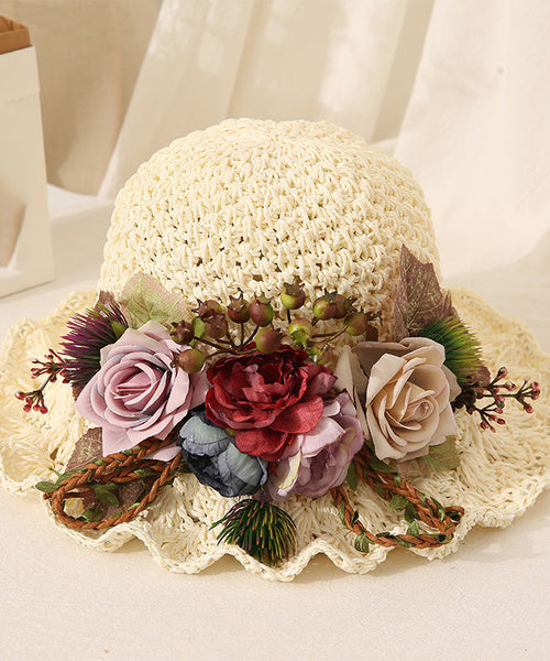 Handmade Beige Ruffled Straw Woven Floral Holiday Bucket Hat LY548