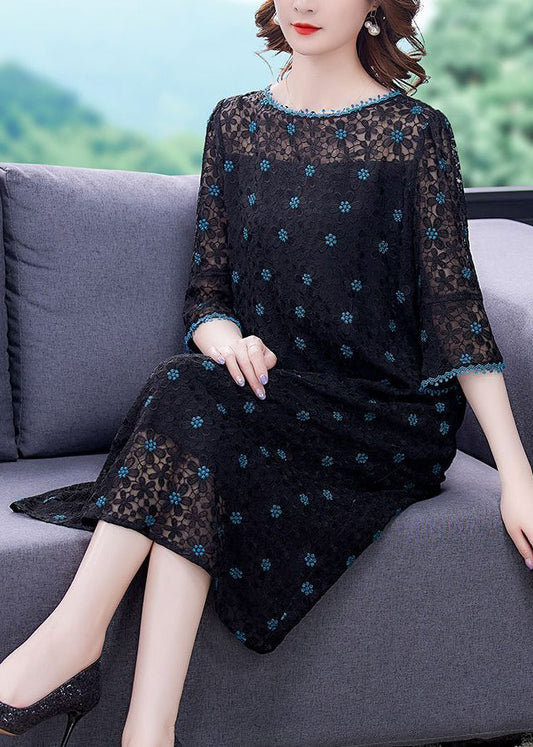 Handmade Black Embroideried Hollow Out Silk Maxi Dresses Flare Sleeve AC3009