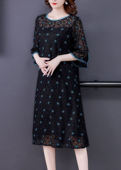 Handmade Black Embroideried Hollow Out Silk Maxi Dresses Flare Sleeve LY0703