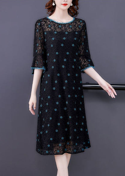 Handmade Black Embroideried Hollow Out Silk Maxi Dresses Flare Sleeve LY0703