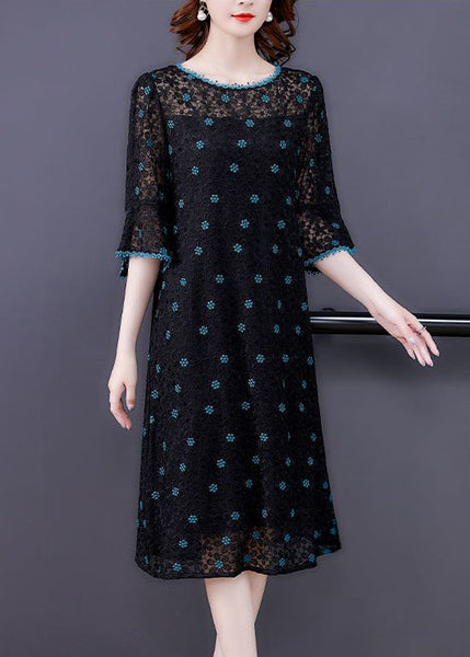Handmade Black Embroideried Hollow Out Silk Maxi Dresses Flare Sleeve AC3009