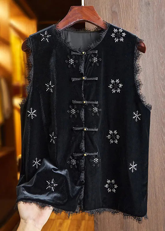 Handmade Black Nail Bead Lace Patchwork Silk Velour Shirt Waistcoat Sleeveless Ada Fashion