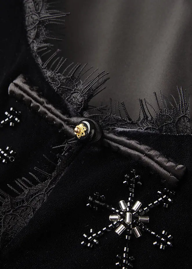 Handmade Black Nail Bead Lace Patchwork Silk Velour Shirt Waistcoat Sleeveless Ada Fashion