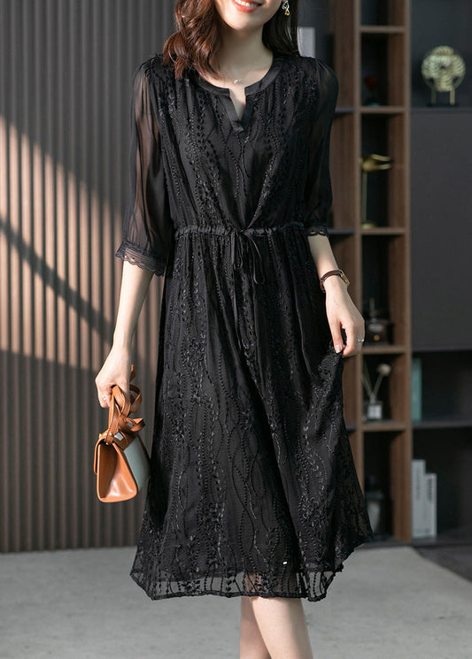 Handmade Black O-Neck Lace Patchwork Tie Waist Silk Maxi Dress Summer LY1733