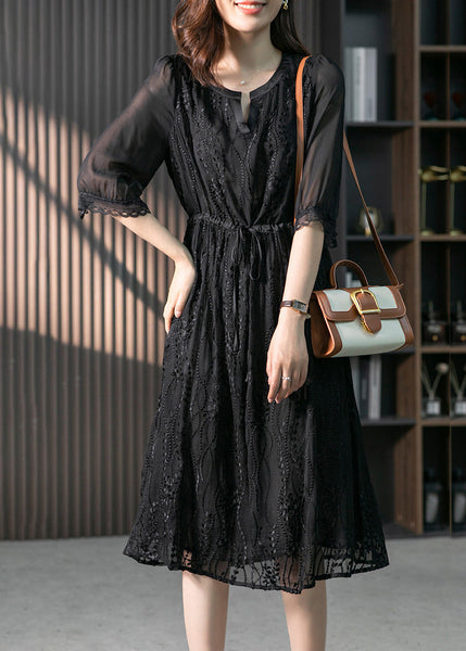 Handmade Black O-Neck Lace Patchwork Tie Waist Silk Maxi Dress Summer LY1733