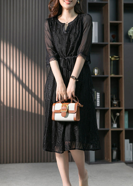 Handmade Black O-Neck Lace Patchwork Tie Waist Silk Maxi Dress Summer LY1733