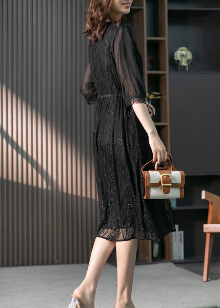 Handmade Black O-Neck Lace Patchwork Tie Waist Silk Maxi Dress Summer LY1733