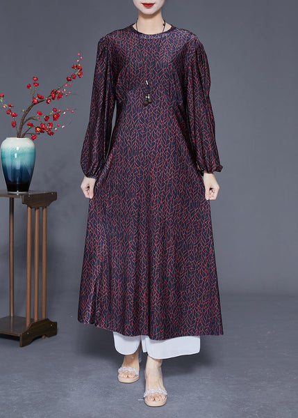 Handmade Black O-Neck Patchwork Print Wrinkled Silk Dress Lantern Sleeve LY1834