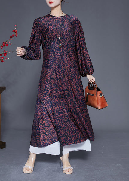 Handmade Black O-Neck Patchwork Print Wrinkled Silk Dress Lantern Sleeve LY1834