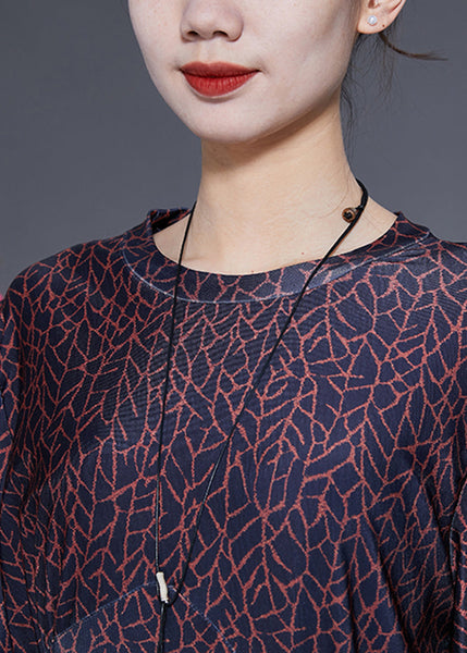 Handmade Black O-Neck Patchwork Print Wrinkled Silk Dress Lantern Sleeve LY1834