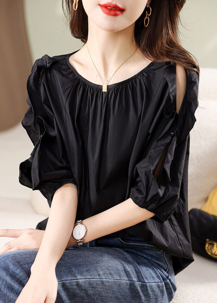 Handmade Black O Neck Ruffled Patchwork Cotton Shirt Summer TP1063