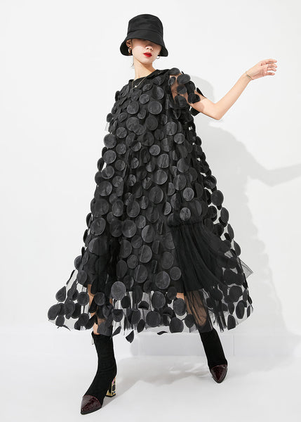 Handmade Black Oversized Patchwork Tulle Robe Dresses Summer LY0834