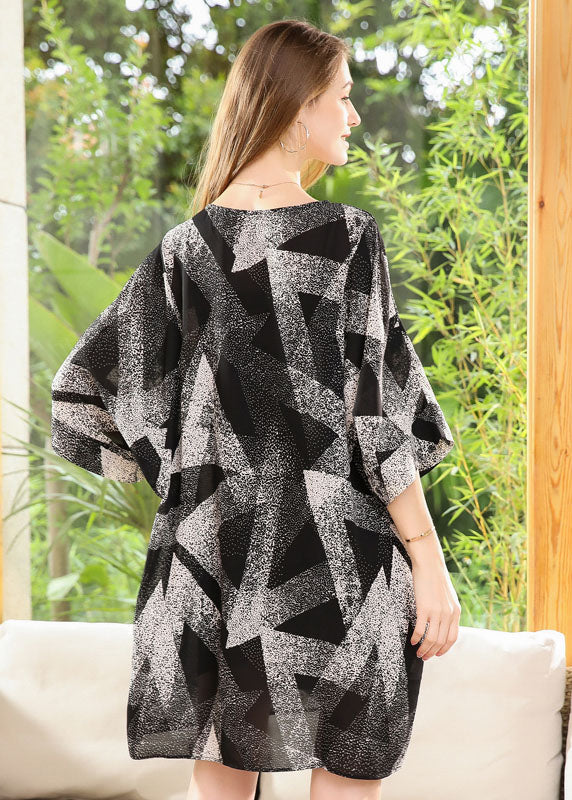 Handmade Black Oversized Print Chiffon Dresses Batwing Sleeve LY0320