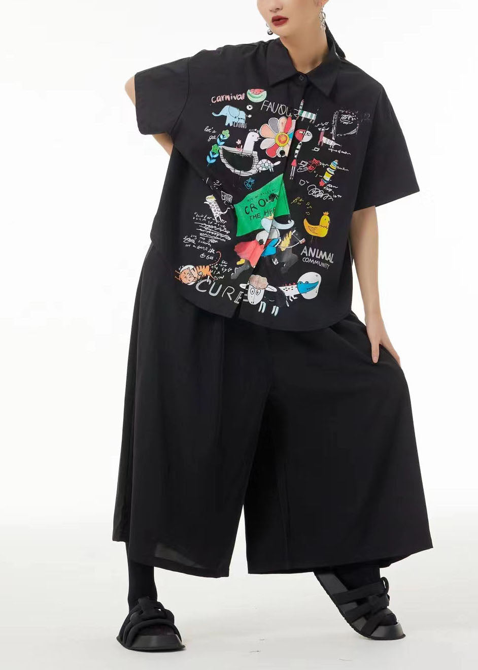 Handmade Black Oversized Print Cotton Blouses Summer LC0136