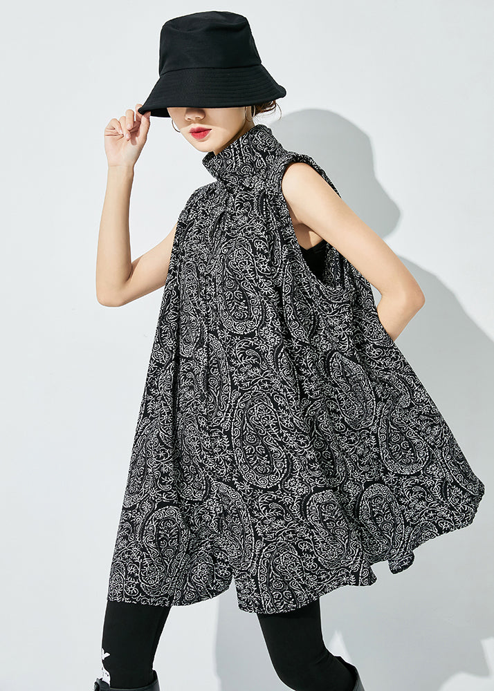 Handmade Black Oversized Print Cotton Shirts Sleeveless LY0837