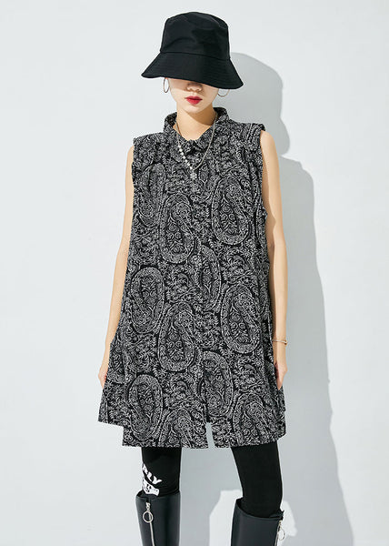 Handmade Black Oversized Print Cotton Shirts Sleeveless LY0837