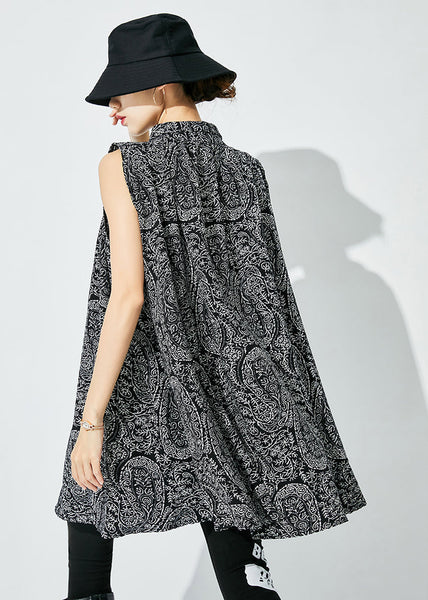 Handmade Black Oversized Print Cotton Shirts Sleeveless LY0837