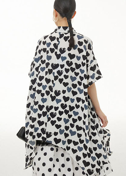 Handmade Black Peter Pan Collar Heart Print Chiffon Tops Summer LY1237