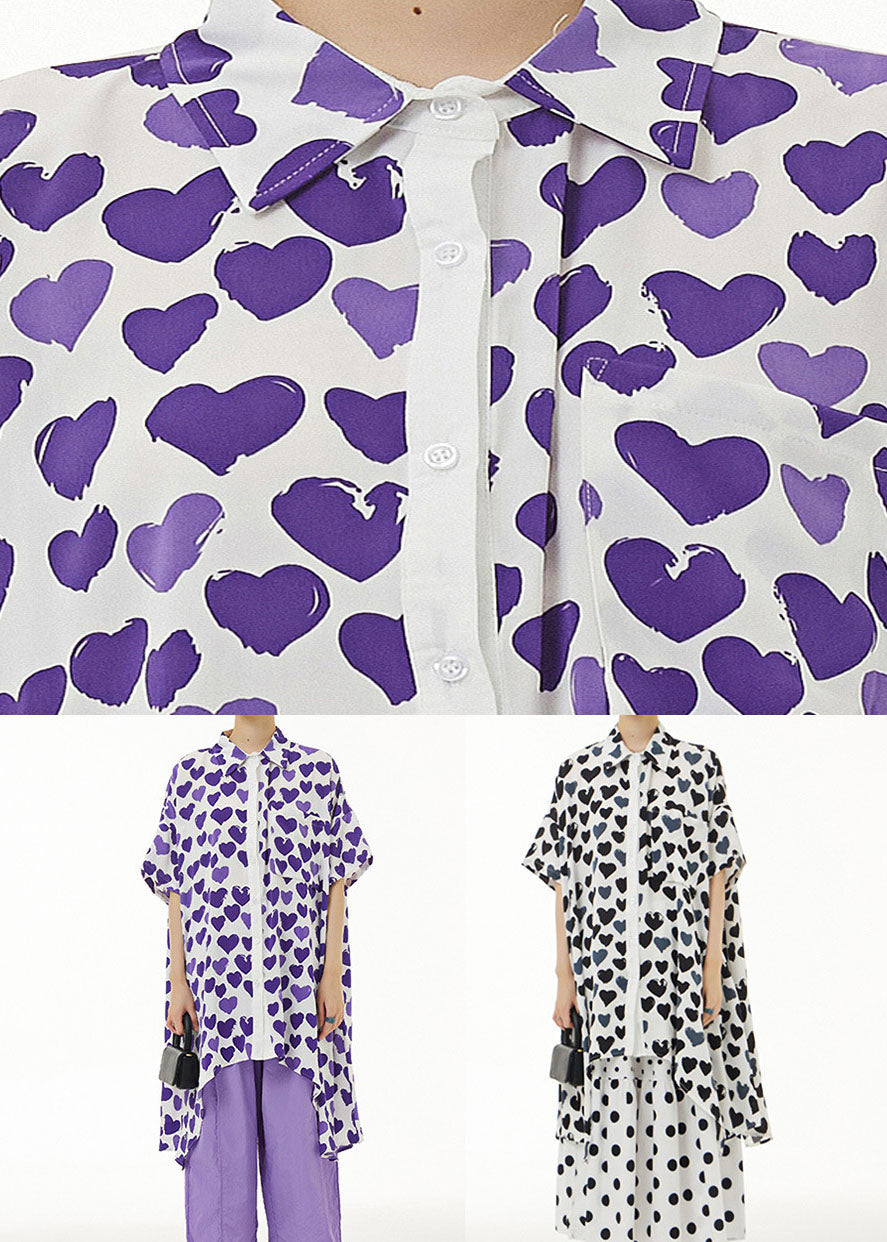 Handmade Black Peter Pan Collar Heart Print Chiffon Tops Summer LY1237