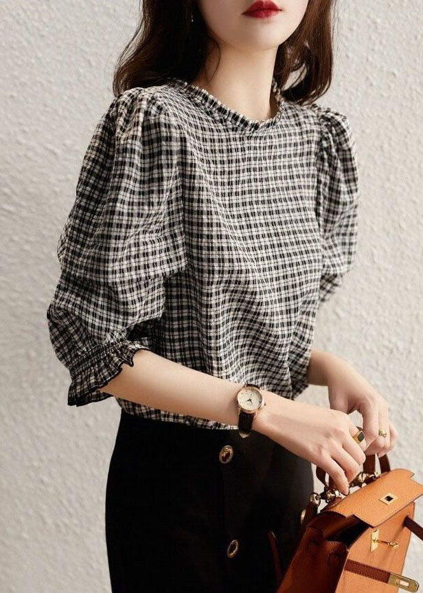 Handmade Black Plaid Ruffled Patchwork Cotton Tops Spring LY1401