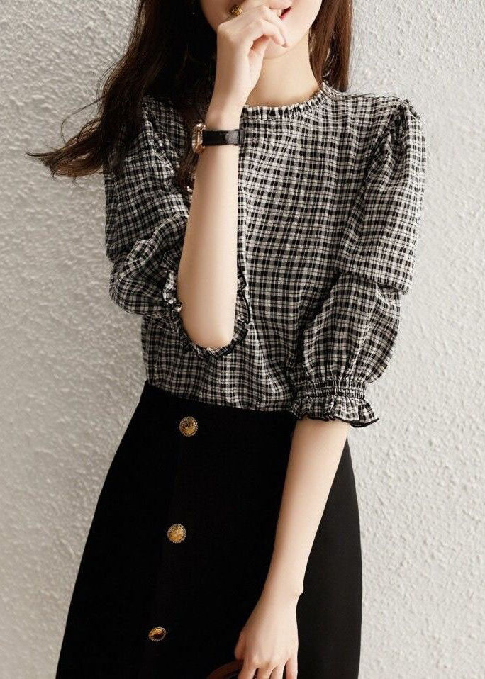 Handmade Black Plaid Ruffled Patchwork Cotton Tops Spring LY1401