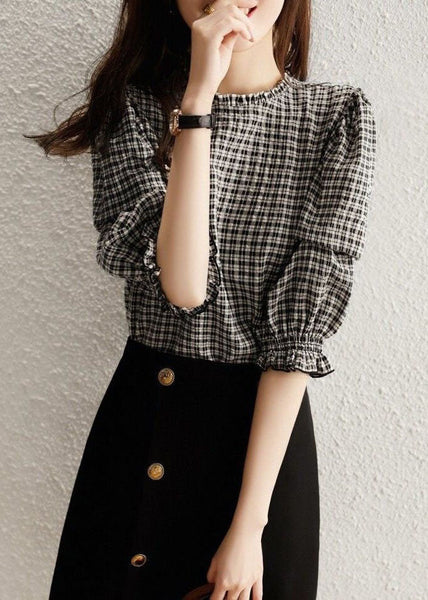 Handmade Black Plaid Ruffled Patchwork Cotton Tops Spring LY1401