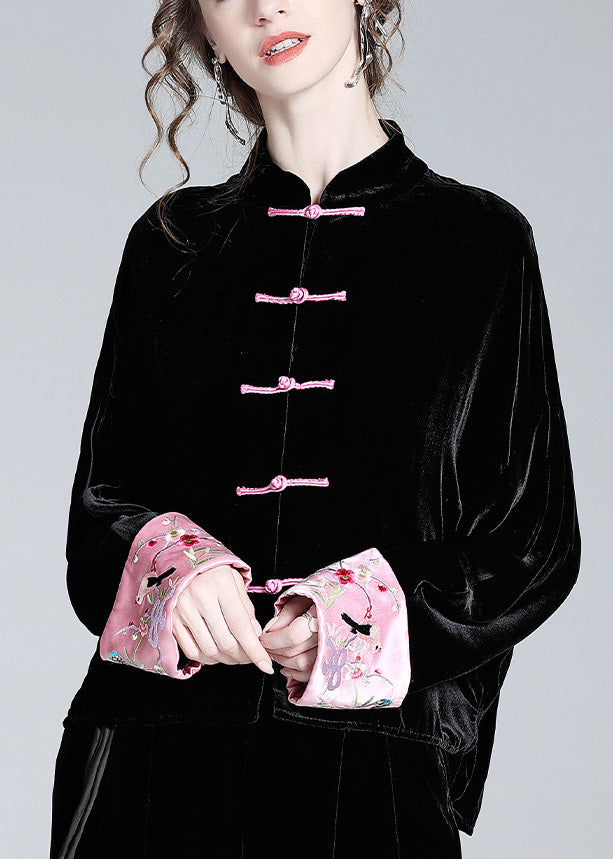 Handmade Black Print Button Silk Velour Shirt Spring LY0720