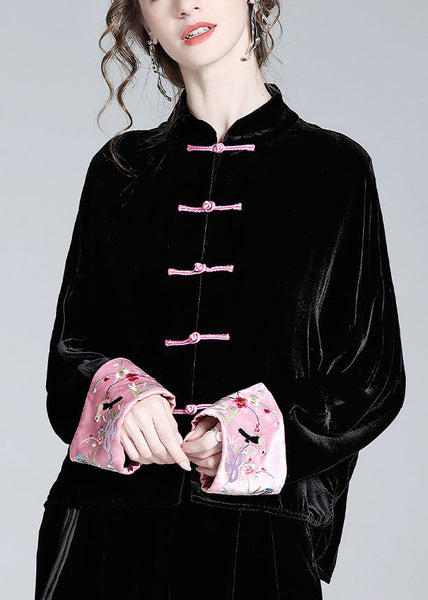 Chemise en velours de soie noir imprimé à boutons, faite main AC3026