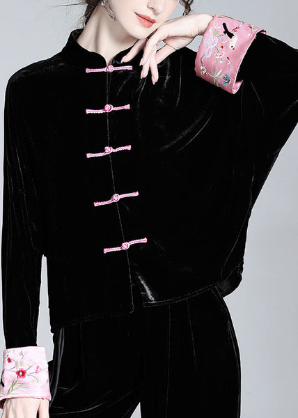 Handmade Black Print Button Silk Velour Shirt Spring LY0720