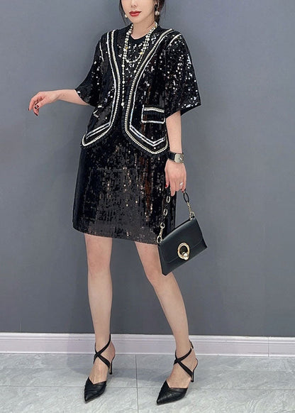 Handmade Black Sequins Patchwork False Two Pieces Dresses Spring LC0362