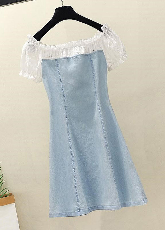 Handmade Blue Lace Patchwork Ruffled Button Denim Mid Dress Short Sleeve TY1072