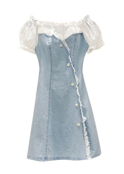 Robe mi-longue en jean bleu à manches courtes, ornée de dentelle, de volants et de boutons, confectionnée à la main (TY1072)