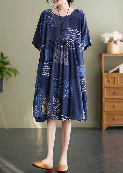 Handmade Blue O-Neck Print Wrinkled Vacation Maxi Dresses Summer AC2010