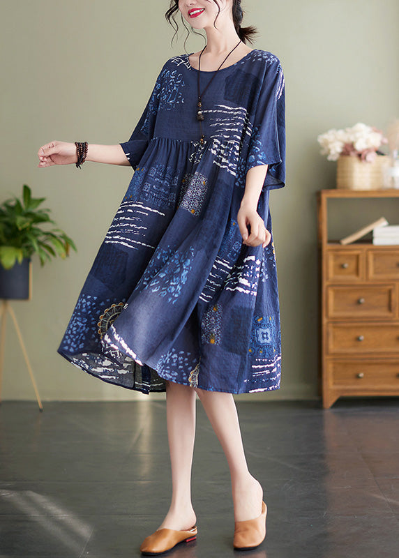 Handmade Blue O-Neck Print Wrinkled Vacation Maxi Dresses Summer AC2010