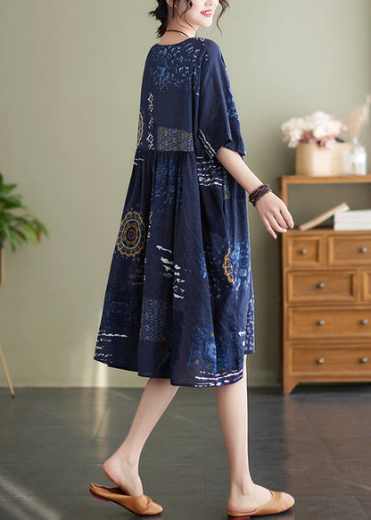 Handmade Blue O-Neck Print Wrinkled Vacation Maxi Dresses Summer AC2010