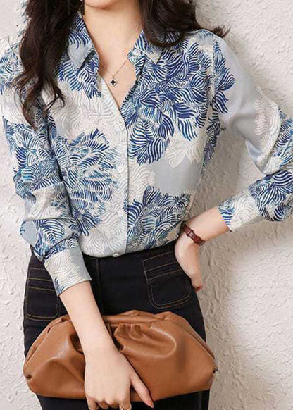 Handmade Blue Peter Pan Collar Print Silk Shirt Tops Spring LY0408