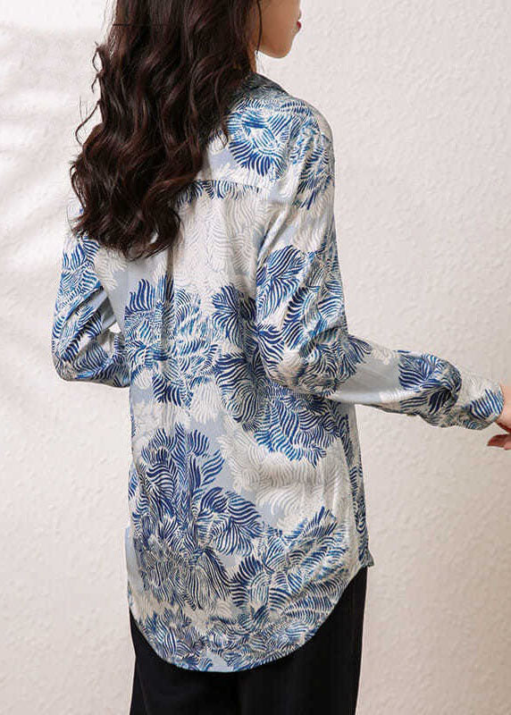 Handmade Blue Peter Pan Collar Print Silk Shirt Tops Spring LY0408