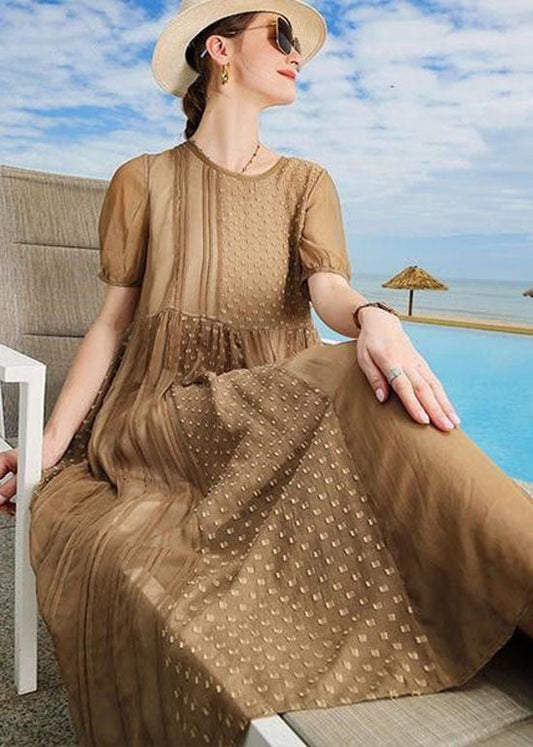 Handmade Brown O Neck Patchwork Silk Mid Dress Summer LC0253