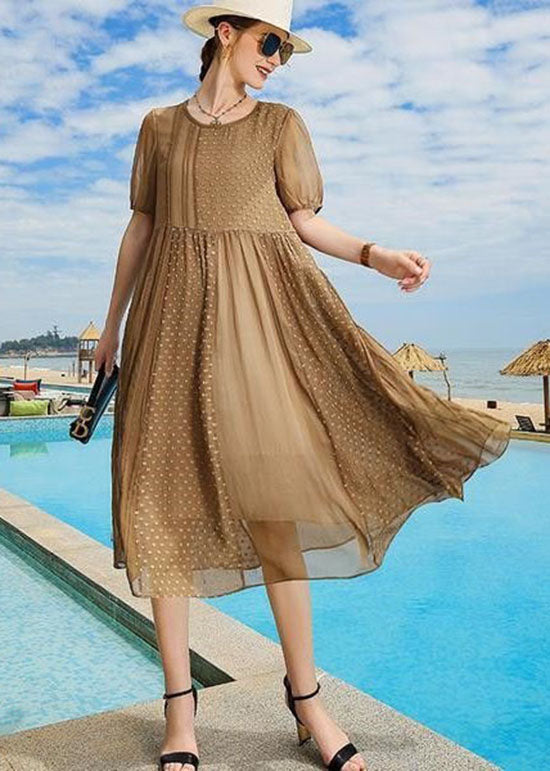 Handmade Brown O Neck Patchwork Silk Mid Dress Summer LC0253