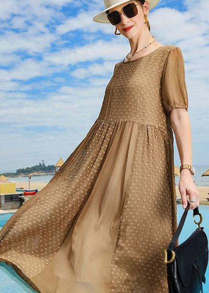 Handmade Brown O Neck Patchwork Silk Mid Dress Summer LC0253