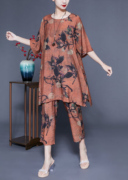 Handmade Coffee Oversized Print Linen Two Pieces Set Summer LY1087